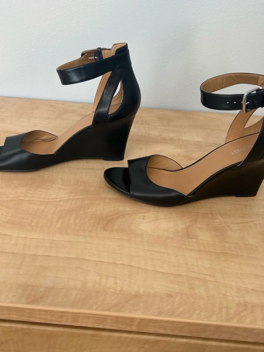 Nine West Black Leather Ankle-Strap Wedge Sandals